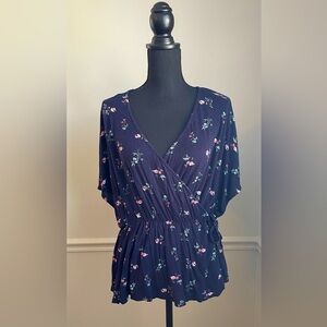 H&M Blue Floral V Neck Mock Wrap Top Blouse Size L